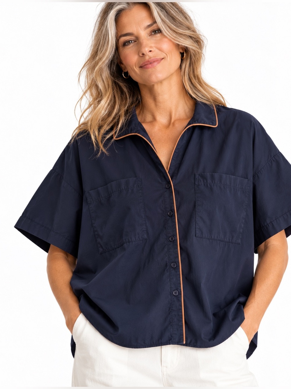 Heidi Houston The Piper Short Sleeve Navy Blue Cotton Shirt Tan Piping Large